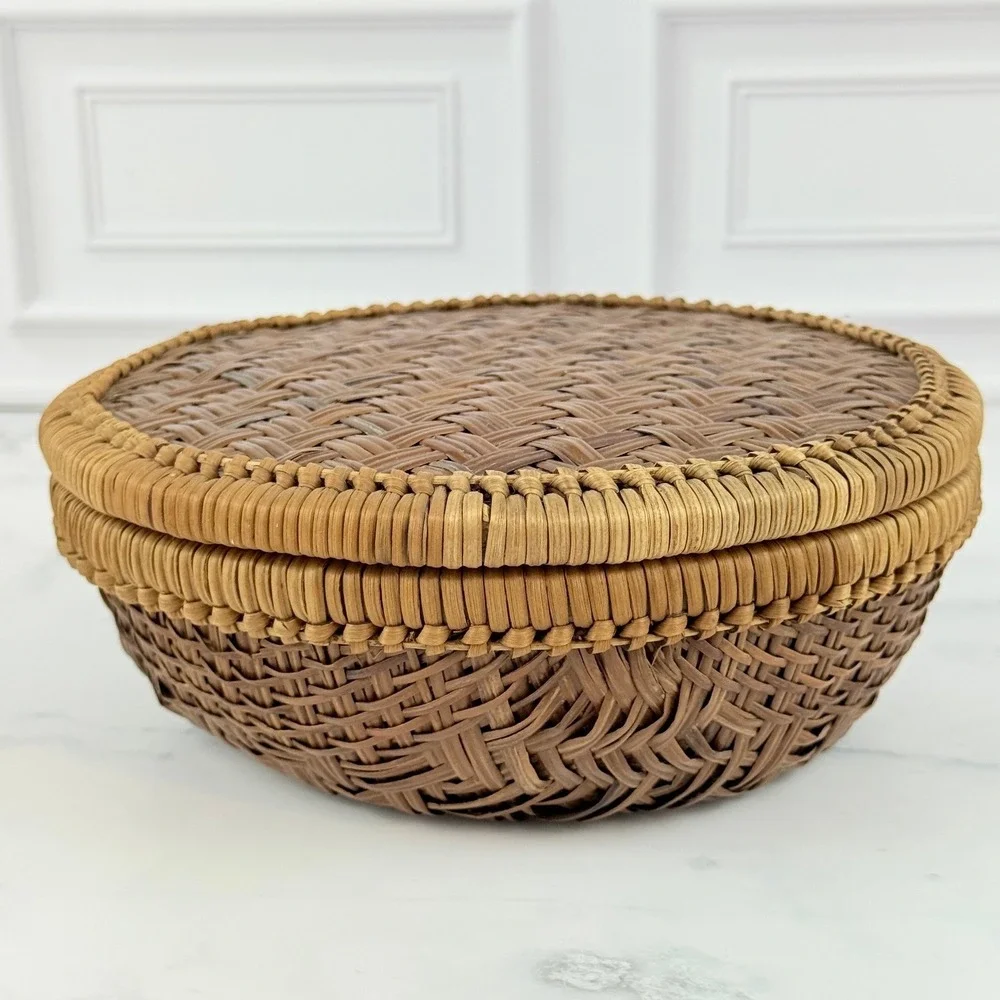 Vintage MCM Brown Cane Woven Basketweave Basket with Lid 7 1/2